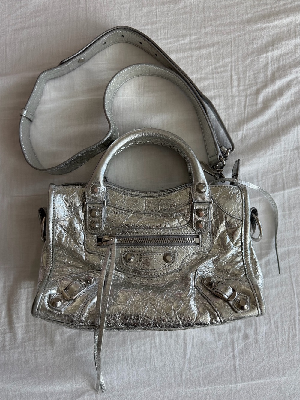 Balenciaga Metallic Silver Leather Satchel with Crossbody Strap